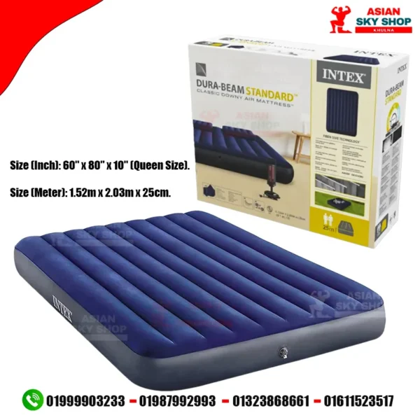 Intex Dura-Beam Standard Air Mattress Size (Inch): 60" x 80" x 10" (Queen Size). Size (Meter): 1.52m x 2.03m x 25cm.