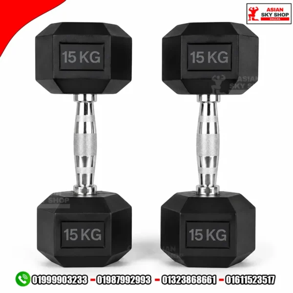 Black Rubber Hex Dumbbells 15 KG