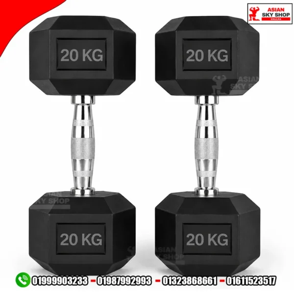Black Rubber Hex Dumbbells 20 KG