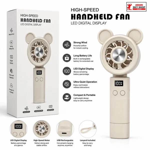 High-Speed Bear Ear Handheld Fan (With LED Display)