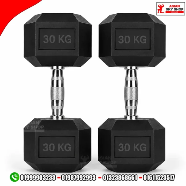 Black Rubber Hex Dumbbells 30 KG