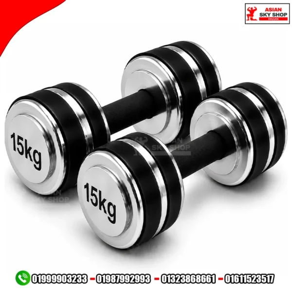 Rubber Fixed Dumbbell Set Per Piece 15 kg - Silver & Black