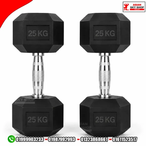 Black Rubber Hex Dumbbells 25 KG