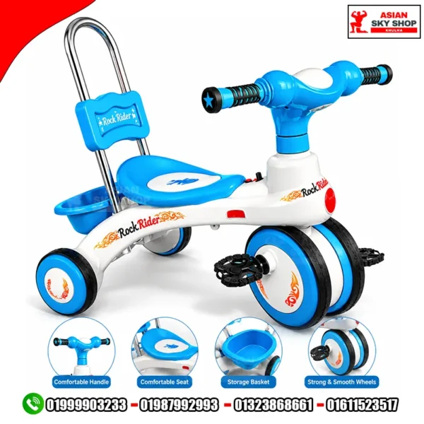 Jim & Jolly Rock Rider Tricycle with Push Handle (Blue & White)