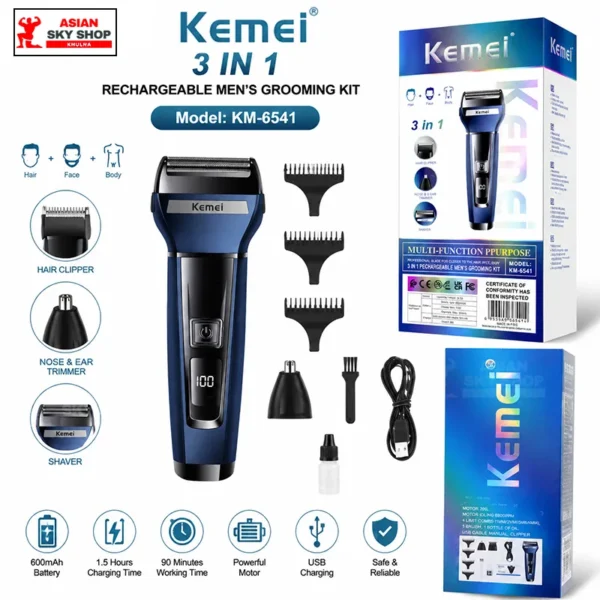 Kemei KM-6541 3 In 1 Rechargeable Men's Grooming Kit