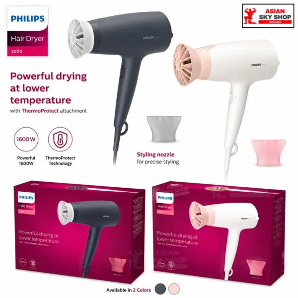 Philips Hair Dryer 3000 (1600W) with ThermoProtect Attachment