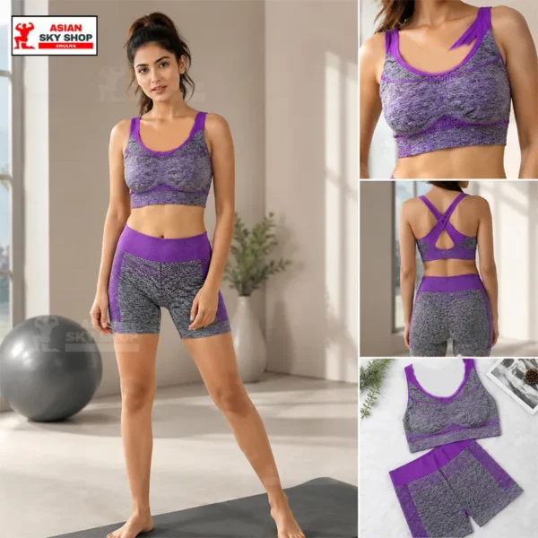 Women’s Premium Purple & Grey Seamless Yoga Shorts Set